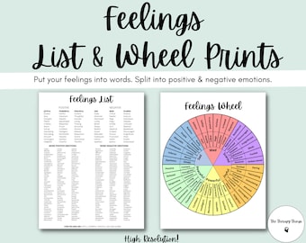 Feelings List & Wheel: Emotions, Reflections, Expressions, Sentiments, Counselor Tool, Depression, Anxiety, Instant Printable Download, PDF