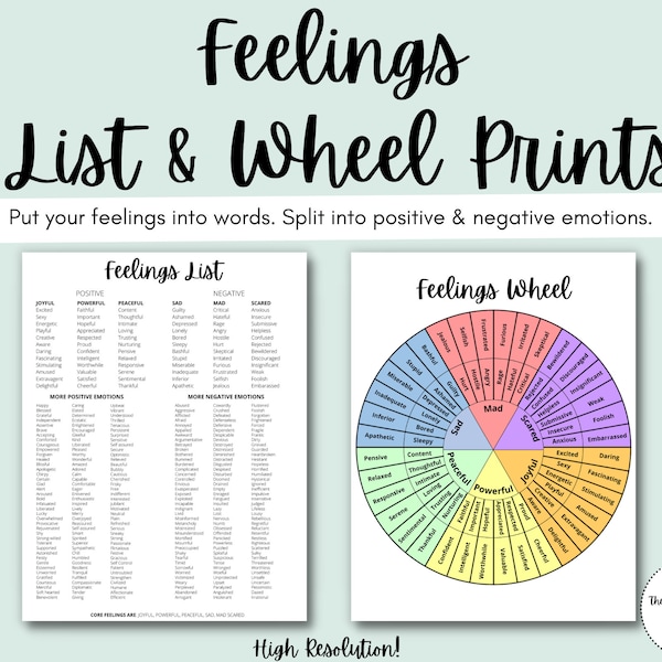 Feelings List & Wheel: Emotions, Reflections, Expressions, Sentiments, Counselor Tool, Depression, Anxiety, Instant Printable Download, PDF