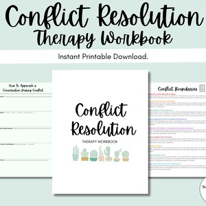 以下が含まれることがあります： 「コンフリクト・レゾリューション・セラピー・ワークブック」というタイトルの印刷可能なワークブックで、緑と白のサボテンのイラストが描かれています。このワークブックには、紛争中の会話への取り組み方と、紛争の境界線を設定するためのワークシートが含まれています。