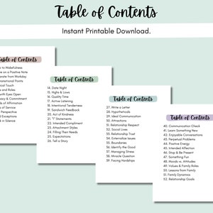May include: Four printable pages with a table of contents for a relationship guide. Each page has a light green background with a white border and a light purple title bar. The title bar reads "Table of Contents". The text on each page is black and lists different relationship topics.