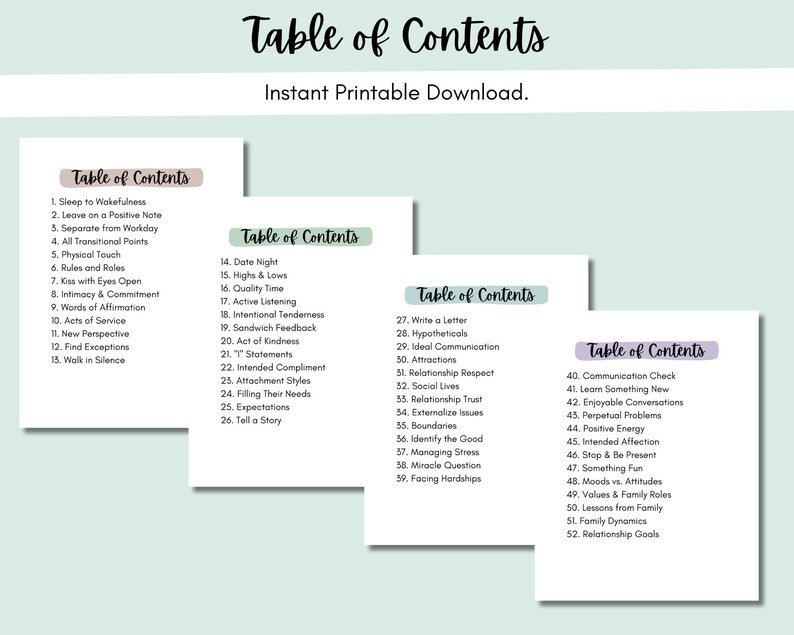 May include: Four printable pages with a table of contents for a relationship guide. Each page has a light green background with a white border and a light purple title bar. The title bar reads "Table of Contents". The text on each page is black and lists different relationship topics.