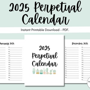 Calendario Perpetuo 2025: Imprimible, Tamaño Carta, Cactus, Calendario de Cumpleaños, 12 Meses, Fechas para Recordar, Calendario de Fechas para Colgar en la Pared, PDF