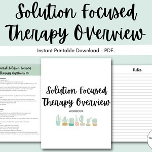 Puede incluir: Un cuaderno de trabajo imprimible titulado "Solution Focused Therapy Overview" con una ilustración de cactus verde. El cuaderno incluye una sección para preguntas generales de terapia centrada en soluciones y una sección para notas.