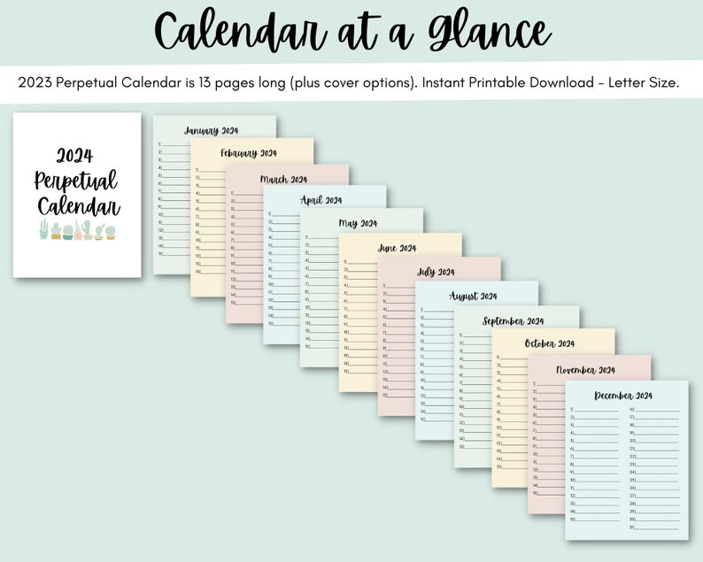 Perpetual Calendar 2024 Printable, Letter Size, Cactus, Birthday