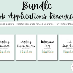 Puede incluir: Un paquete de cuatro recursos imprimibles para la solicitud de empleo. Los recursos incluyen la redacción de currículums, la redacción de cartas de presentación, la preparación para entrevistas y la búsqueda de empleo. Cada recurso está representado por una tarjeta blanca con texto negro y una fila de ilustraciones de cactus.