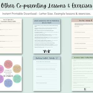May include: Printable worksheets for co-parenting lessons and exercises. The worksheets include topics such as how to approach a conversation during conflict, basic guidelines for co-parenting, time out activity, resolving conflict, boundaries, rights and healthy relationships. The worksheets are in a light blue, pink, and green color scheme.