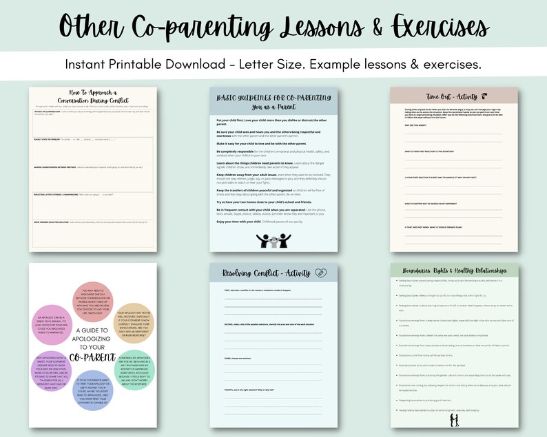 May include: Printable worksheets for co-parenting lessons and exercises. The worksheets include topics such as how to approach a conversation during conflict, basic guidelines for co-parenting, time out activity, resolving conflict, boundaries, rights and healthy relationships. The worksheets are in a light blue, pink, and green color scheme.