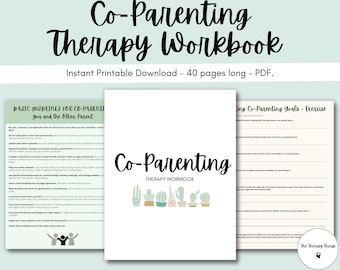 May include: A printable co-parenting therapy workbook with a green and white cactus design. The workbook includes basic guidelines for co-parenting and an exercise for setting co-parenting goals.