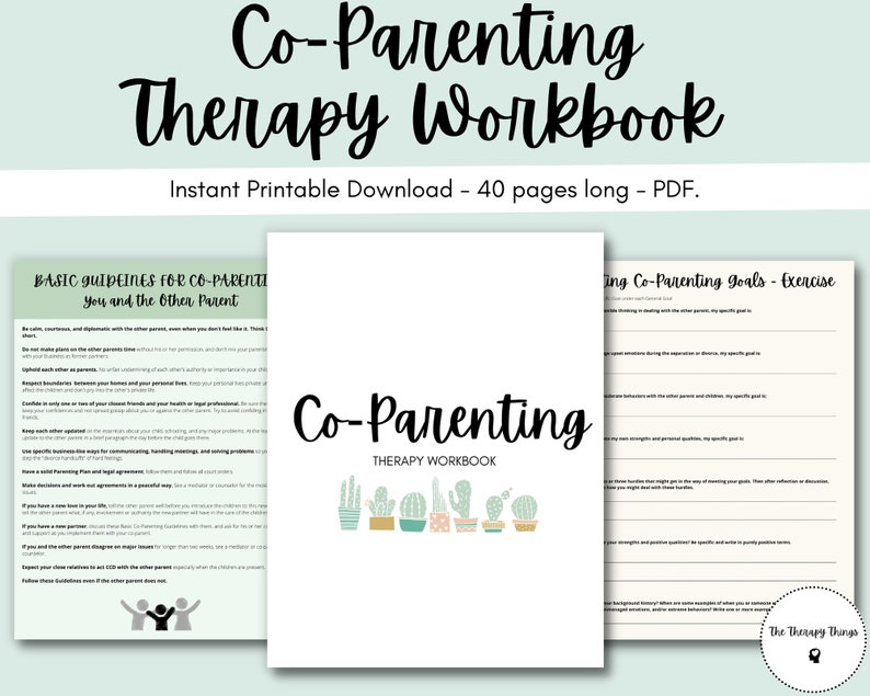 May include: A printable co-parenting therapy workbook with a green and white cactus design. The workbook includes basic guidelines for co-parenting and an exercise for setting co-parenting goals.