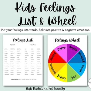 May include: A printable worksheet with a list of positive and negative feelings for kids. The worksheet also includes a colorful wheel with different emotions, such as happy, angry, scared, worried, sad, and proud.