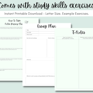 May include: Printable study skills worksheets with three different sections: How to Take Notes During Class, Essay Plan, and T-Notes. Each section has a title and several blank boxes for writing.