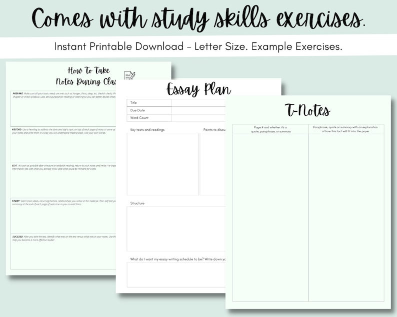 May include: Printable study skills worksheets with three different sections: How to Take Notes During Class, Essay Plan, and T-Notes. Each section has a title and several blank boxes for writing.