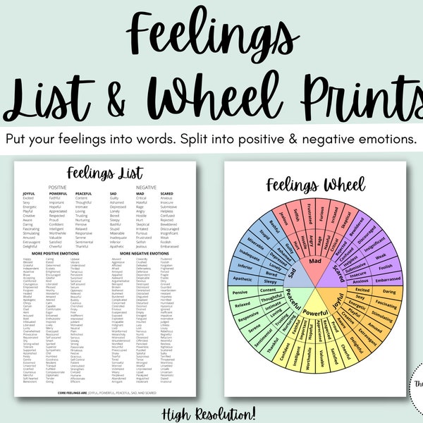 Feelings List & Wheel: Emotions, Reflections, Expressions, Sentiments, Counselor Tool, Depression, Anxiety, High Resolution Download, PDF