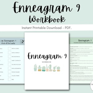 May include: A printable Enneagram 9 workbook with a light blue background and a cactus illustration. The workbook includes a checklist of traits and a section on core needs and motivations.