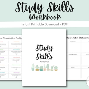 May include: A printable study skills workbook with a cactus theme. The cover features the title "Study Skills Workbook" with a row of colourful cacti below. The inside pages include worksheets for long-term memorisation practice and guided active reading.