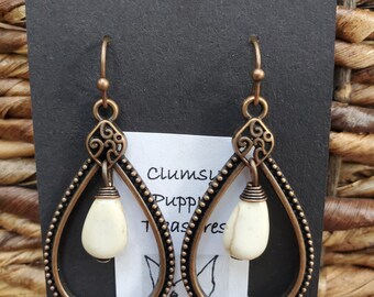 Copper Teardrop Earrings with Dangling White Bead Charm