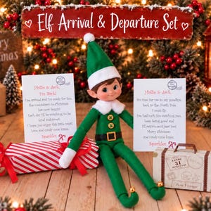 May include: An Elf Arrival & Departure Set featuring a green elf doll, two white cards with printed text, a red and white striped candy-shaped gift box, and a small rectangular suitcase with travel stamps. The set includes festive holiday decor.