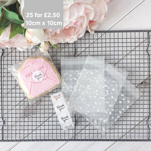 Wedding Favours,Party Thank You Favour Bags.Fill Your Own Sweets Candy Treats Biscuits Cookies.White Polka Dot Small Cellophane Bags 10x10cm