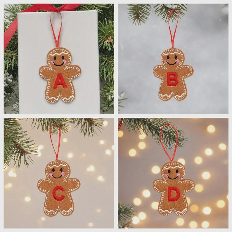 May include: A brown gingerbread man ornament featuring a red embroidered letter on the chest, white stitched icing details, pink cheeks, and a red ribbon loop for hanging. The ornament is shown in four variations labeled with the letters A, B, C, and D.