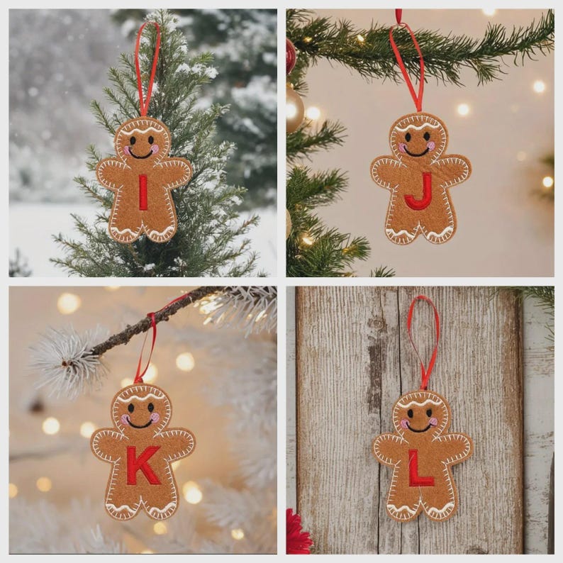 May include: Four gingerbread man ornaments made of brown felt with white stitched icing details, pink cheeks, and a smiling face. Each ornament features a red embroidered letter I, J, K, or L on the chest and hangs from a thin red ribbon loop.