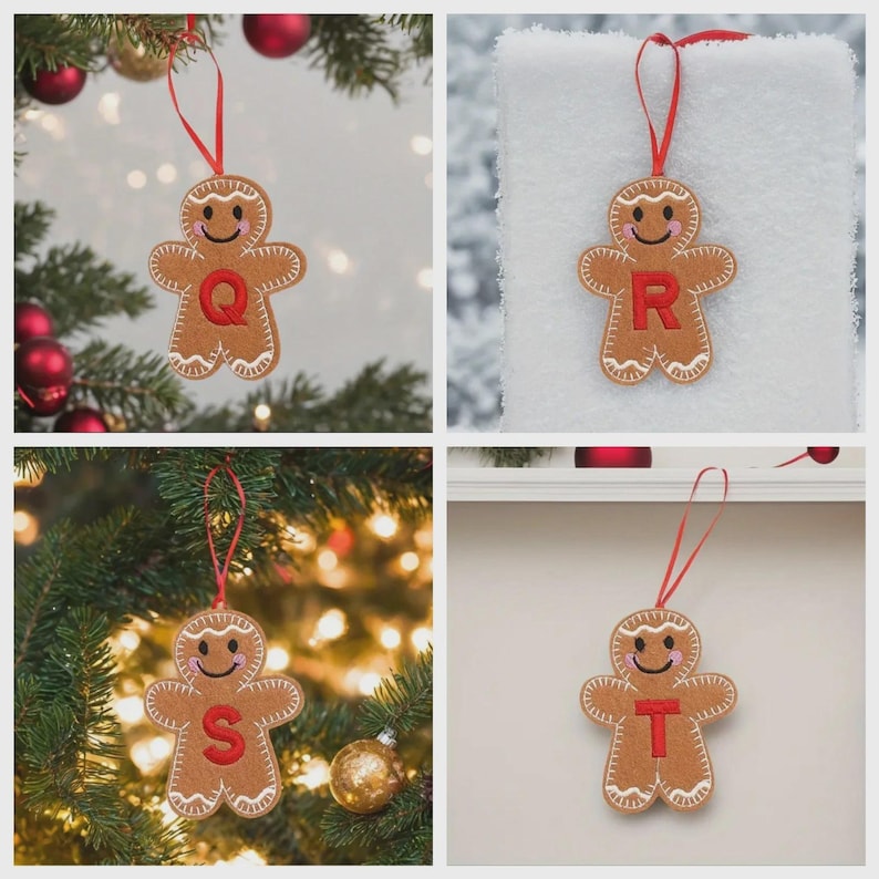 May include: A set of four brown felt gingerbread person ornaments, each featuring a red embroidered letter Q, R, S, or T on the chest, white stitched icing details, pink cheeks, and a red ribbon loop for hanging on a Christmas tree.