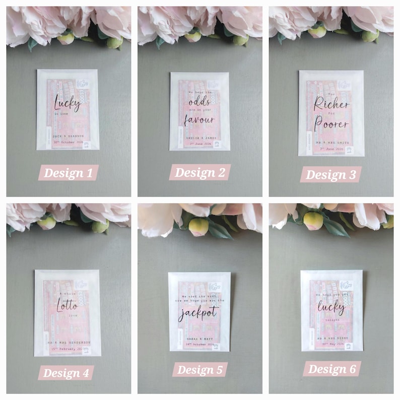 May include: Six rectangular white envelopes containing lottery tickets, each featuring unique black text designs. The designs include phrases like Lucky in Love, The odds are in your favour, and Richer for Poorer, with personalized names and dates printed below.