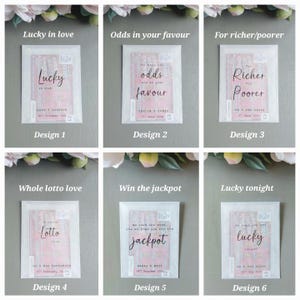 May include: Six rectangular white envelopes containing pink lottery tickets. Each envelope features black printed text with phrases like Lucky in love, Odds in your favour, For richer/poorer, Whole lotto love, Win the jackpot, and Lucky tonight with names and dates.