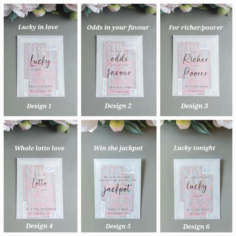 May include: Six rectangular white envelopes containing pink lottery tickets. Each envelope features black printed text with phrases like Lucky in love, Odds in your favour, For richer/poorer, Whole lotto love, Win the jackpot, and Lucky tonight with names and dates.