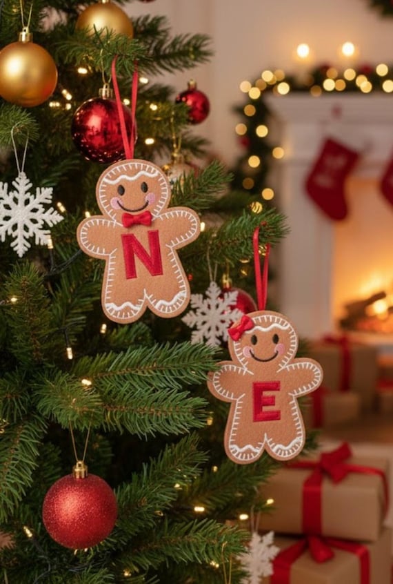 Personalised Gingerbread Man Christmas Tree Decorations, Christmas Baubles, Felt Initial Hanging Ornament