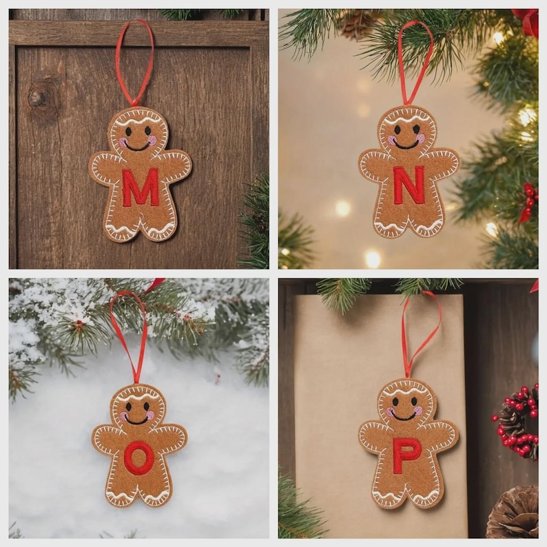 May include: A set of four gingerbread man ornaments made of brown felt with white embroidered icing details, pink cheeks, and a red ribbon loop for hanging. Each ornament features a large, centered red letter M, N, O, or P on the chest.