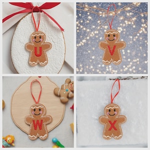 May include: A set of four brown felt gingerbread person ornaments, each featuring a red embroidered letter U, V, W, or X on the chest, white stitched details, pink cheeks, and a red ribbon loop for hanging, presented in a collage format.
