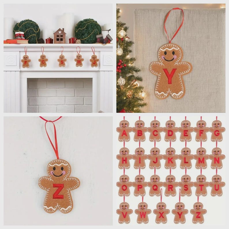 May include: A collection of brown felt gingerbread man ornaments, each featuring a red embroidered letter of the alphabet from A to Z. The ornaments have white stitched details, pink cheeks, and a red ribbon loop for hanging on a tree or mantel.