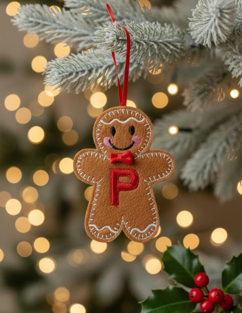 May include: A brown felt gingerbread man ornament featuring white stitched detailing, pink embroidered cheeks, a small red fabric bow tie, and a prominent red letter P stitched in the center. The ornament hangs from a thin red ribbon loop.