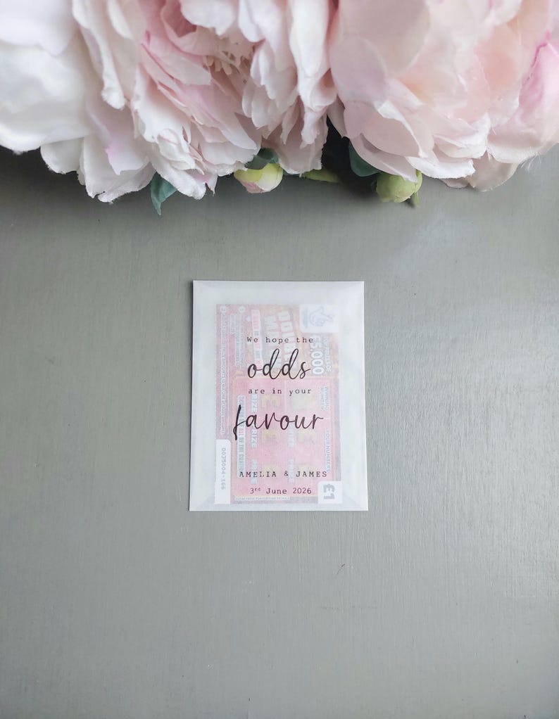 Wedding Favour Scratch Card Holders, Personalised Lottery Ticket Packets, Glassine Lotto Envelopes Odds in your favour