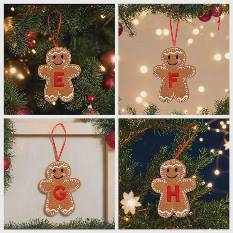 May include: A brown felt gingerbread person ornament featuring a red embroidered letter E, F, G, or H on the chest, white stitched details, pink cheeks, and a red ribbon loop for hanging. The ornament has a smiling face and white icing accents.