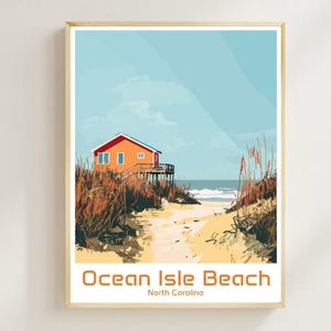 Poster di viaggio sulla spiaggia di Ocean Isle - Arte murale costiera della Carolina del Nord, stampa vintage sulla spiaggia, decorazione dell'oceano, opera d'arte sulla costa degli Stati Uniti, regalo per la casa sulla spiaggia