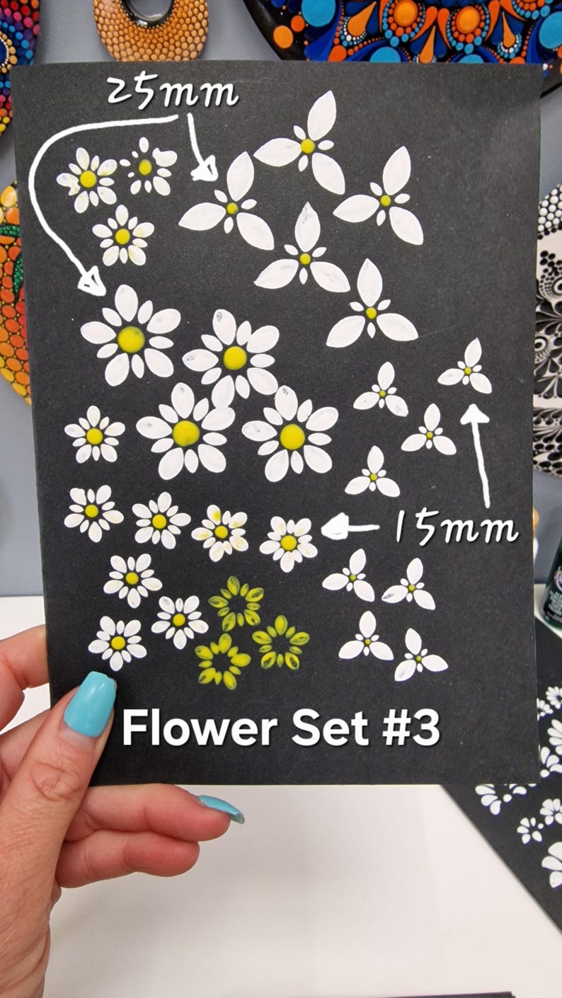 May include: A black card with white daisy and flower designs in two sizes, 2.5 cm and 1.5 cm, labeled "Flower Set #3".