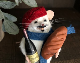 Bon Appetit /Mouse Taxidermy/Wine and Baguette/French Beret