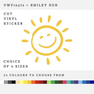 Smiley Sun | Cartoon Style | 1 Colour Cut Vinyl Sticker | Choice of 4 Sizes | 24 Colour Choices | For any Flat Surface, Vehicle, Window