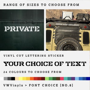 Pegatinas de vinilo personalizadas con fuente de plantilla militar / Diseño personalizado de letras de texto / Tipografía de estilo militar / Selección de tamaños / 24 colores a elegir