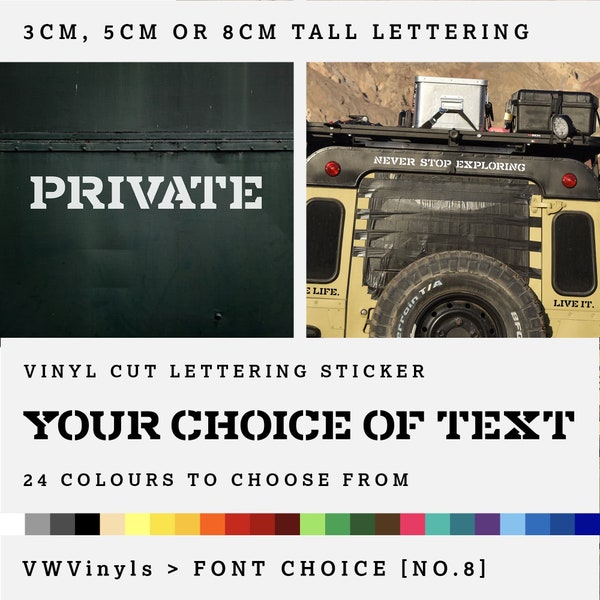 Military Stencil Font Custom Vinyl Stickers | Personalised Design Text Lettering | Army-Style Typeface | Choice of Sizes | 24 Colour Choice