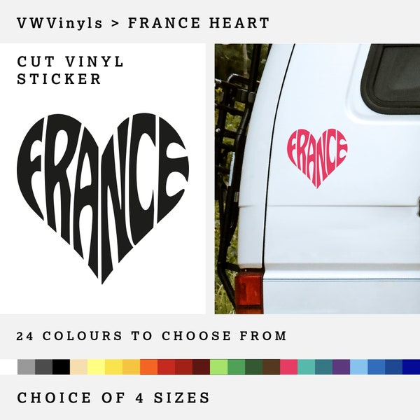 France Love Heart Text Design | 1 Colour Cut Vinyl Sticker | Choice of 4 Sizes | 24 Colour Choices | Flat Surface, Vehicle, or Window