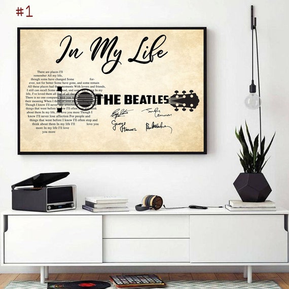 Handmade Products Posters The Beatles In My Life Guitar Lyrics Horizontal Poster Signature No