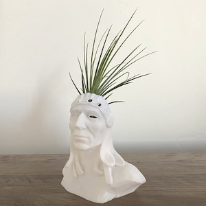 May include: White ceramic planter shaped like a person's head with a green air plant growing out of the top.