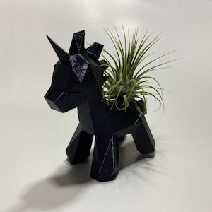 May include: A black geometric unicorn planter with a green air plant growing inside.