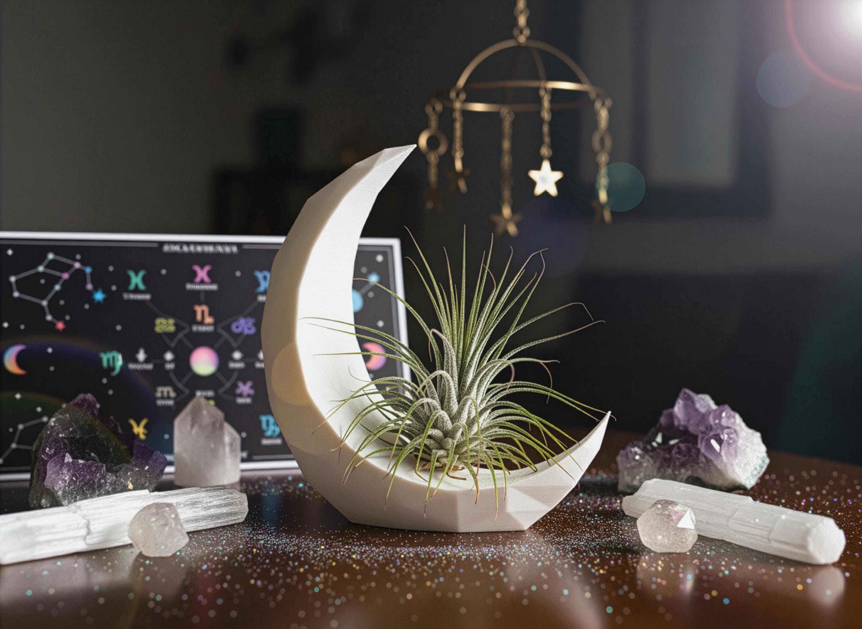 Crescent Moon Air Plant Planter: Low Poly Modern Decor with Live Tillandsia
