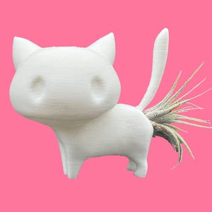 May include: White ceramic cat planter with a green air plant growing out of its tail.