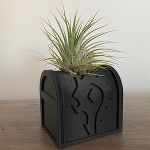 May include: Black planter with a detailed design resembling a stylized letter 'H' with a small diamond shape in the center. A green air plant is growing out of the planter.