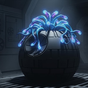 May include: A black spherical object with a detailed surface, resembling a Death Star, houses vibrant blue and purple glowing tendrils. The scene is set in a futuristic, industrial interior with a dark, cool color palette.