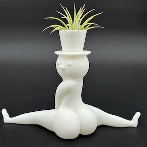 May include: White ceramic planter shaped like a person sitting with legs spread apart. The planter has a small pot on top with a green air plant growing in it.